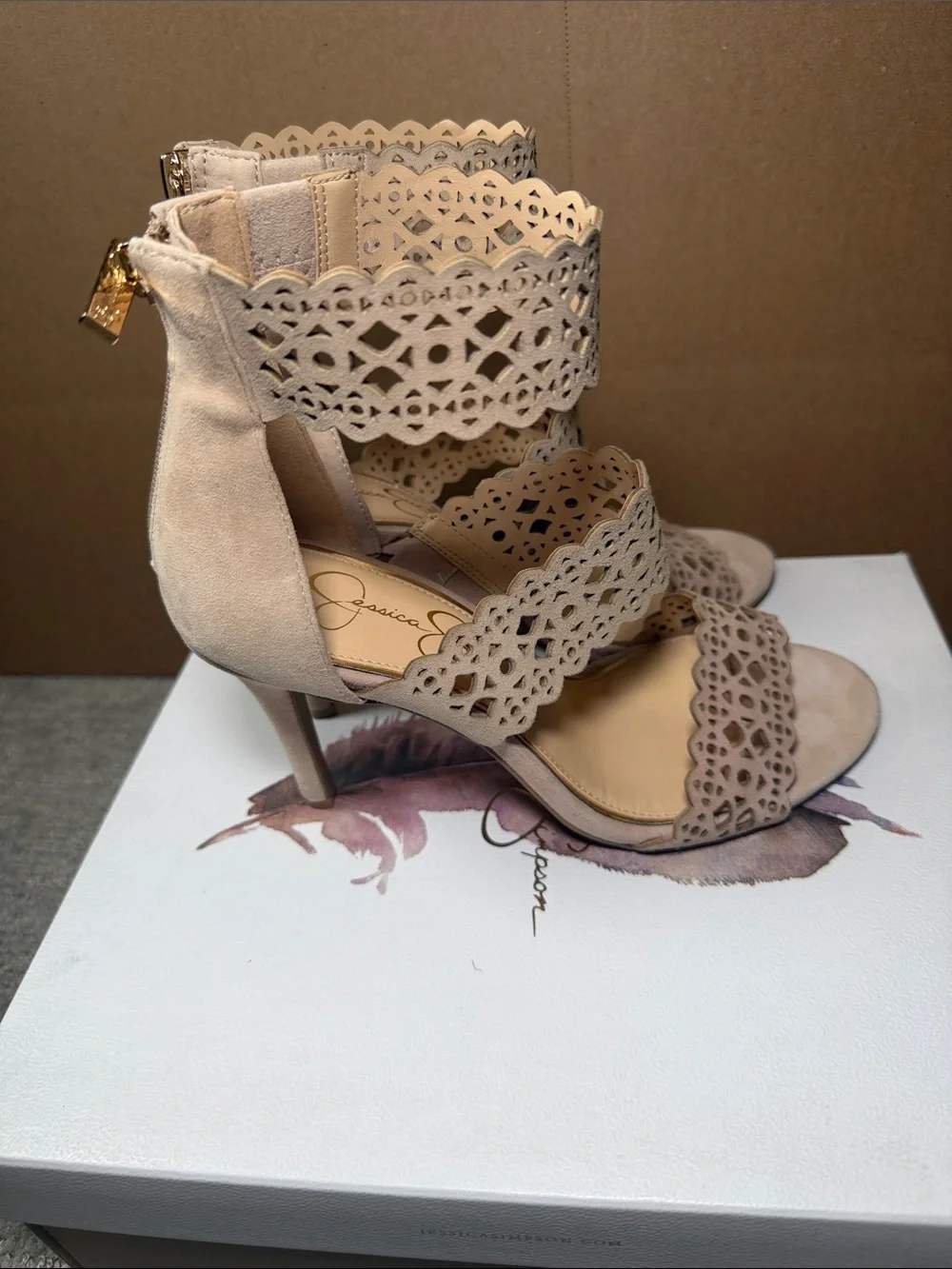 Jessica Simpson Nude Laser-Cut Suede Heel Sandals 4 inches